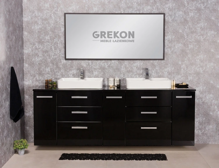 Elegancka czarna połyskowa szafka łazienkowa w rozmiarze 210 cm