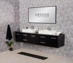 Nowoczesna, stylowa szafka łazienkowa 210 cm z blatem oraz dwiema ceramicznymi umywalkami