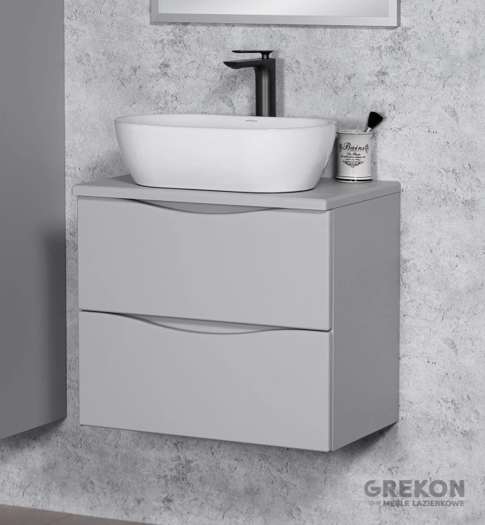 Szafka łazienkowa szara z blatem oraz białą ceramiczną umywalką