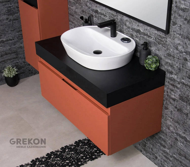 Ceglasta szafka łazienkowa 100 cm z czarnym blatem oraz białą ceramiczną umywalką