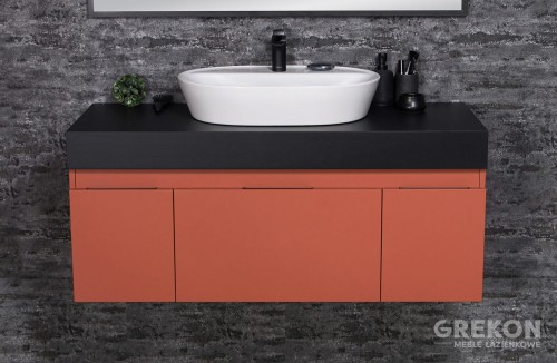 Ceglasta podwieszana szafka łazienkowa 120 cm z czarnym blatem