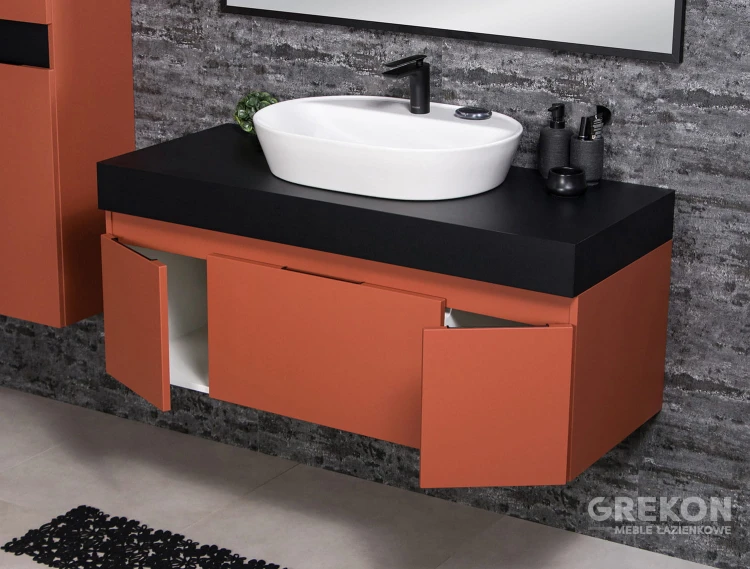 Elegancka szafka łazienkowa 120 cm w kolorze ceglastym z czarnym blatem
