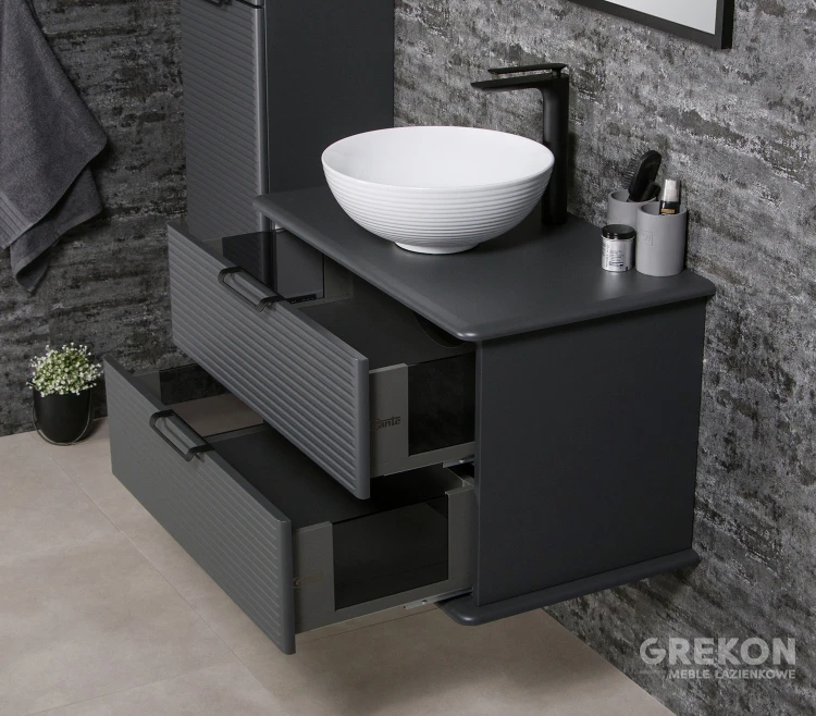 Frezowana antracytowa szafka łazienkowa 80 cm z białą ceramiczną umywalką