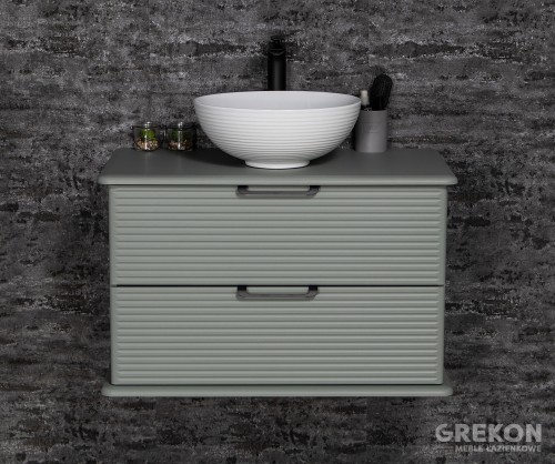 Szałwiowa podwieszana szafka łazienkowa z dwiema szufladami oraz białą ceramiczną umywalką