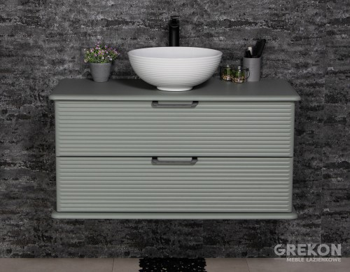 Szafka zawieszana szałwiowa z białą ceramiczna umywalką oraz dwiema szufladami