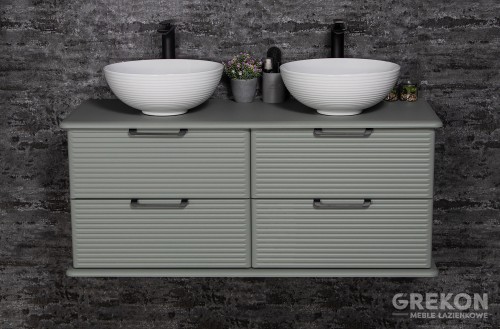 Szałwiowa szafka podumywalkowa z dwiema ceramicznymi umywalkami seria Libra
