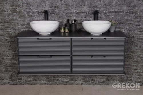 Szafka łazienkowa w kolorze antracytowym z dwiema ceramicznymi umywalkami