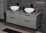 Podwieszana szafka w kolorze szałwiowym z dwiema ceramicznymi umywalkami