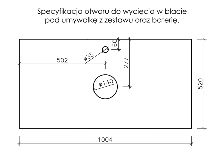 Specyfikacja wycięcia otworów w blacie pod umywalkę oraz baterię