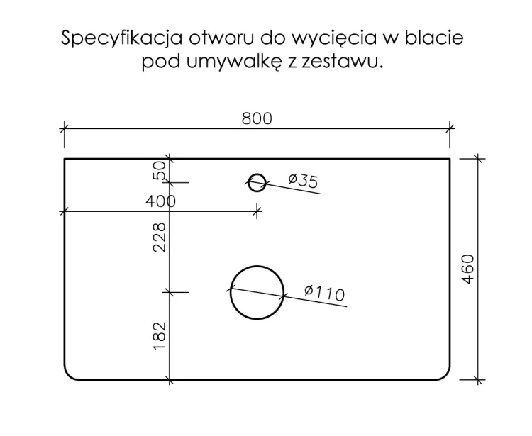 Specyfikacja wycięcia otworów w blacie pod umywalkę oraz baterię