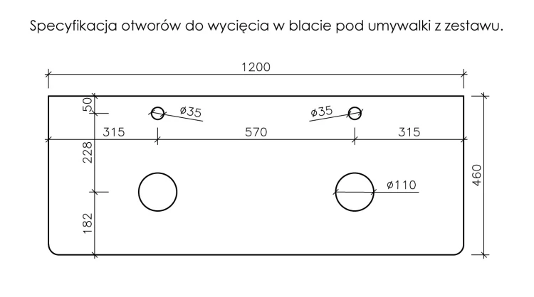Specyfikacja wycięcia otworów w blacie pod umywalkę oraz baterię