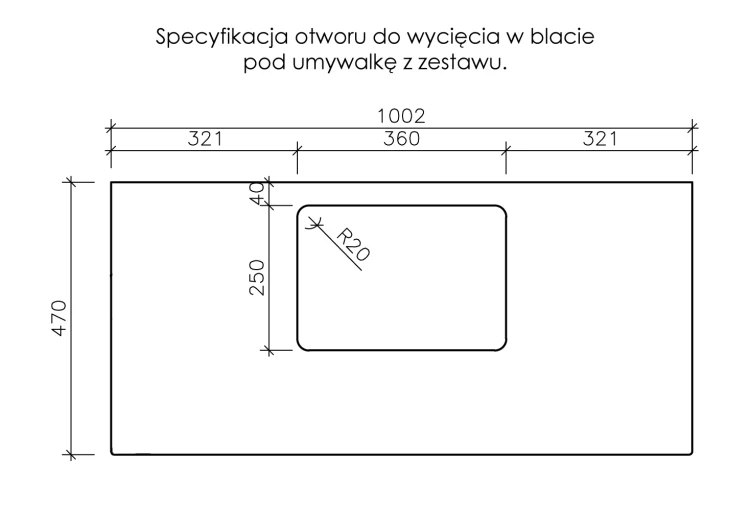 Specyfikacja wycięcia otworu pod umywalkę w serii Tretto