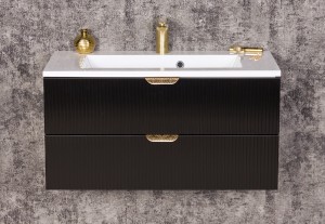 Szafka łazienkowa czarna 80cm BRAVIA z umywalką - złote uchwyty