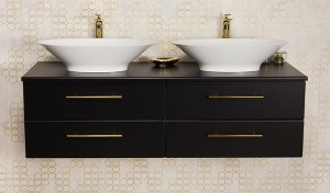 Szafka łazienkowa czarna 140cm BELLI GOLD z blatem i dwiema umywalkami