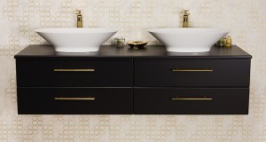 Szafka łazienkowa czarna 160cm BELLI GOLD z blatem i dwiema umywalkami