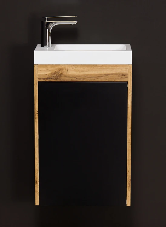 Szafka łazienkowa czarna 40cm CLER LOFT z umywalką i srebrną baterią