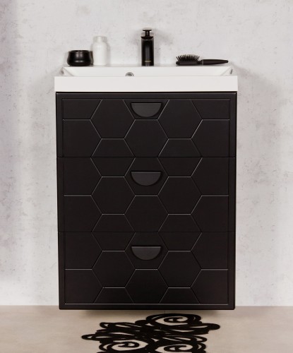 Czarna szafka łazienkowa 60cm Domino z białą dolomitową umywalką