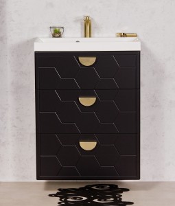 Szafka łazienkowa czarna 60cm DOMINO z umywalką białą - złote uchwyty