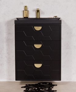 Szafka łazienkowa czarna 60cm DOMINO z umywalką czarną - złote uchwyty