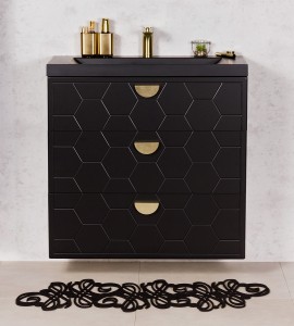 Szafka łazienkowa czarna 80cm DOMINO z umywalką czarną - złote uchwyty