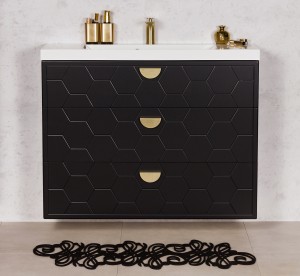Szafka łazienkowa czarna 100cm DOMINO z umywalką białą - złote uchwyty