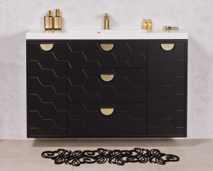 Szafka łazienkowa czarna 120cm DOMINO z umywalką białą - złote uchwyty