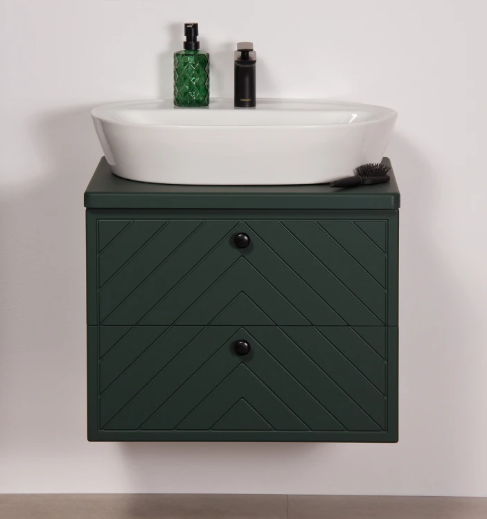 Zielona szafka łazienkowa z ceramiczną umywalką