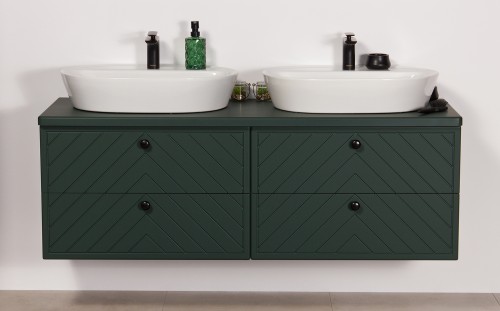 Szafka łazienkowa zielona w rozmiarze 140 cm z dwiema ceramicznymi umywalkami