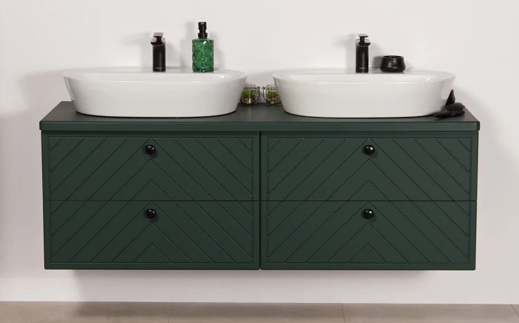 Szafka łazienkowa zielona w rozmiarze 140 cm z dwiema ceramicznymi umywalkami