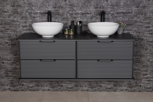 Szafka łazienkowa w kolorze antracytowym z dwiema ceramicznymi umywalkami