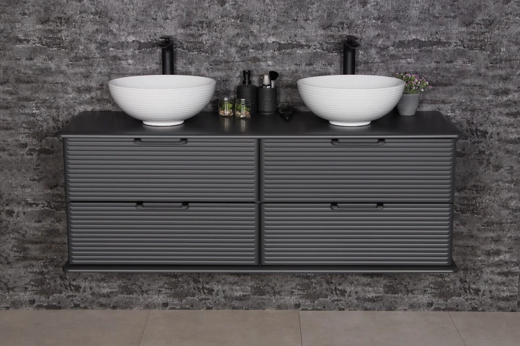 Szafka łazienkowa w kolorze antracytowym z dwiema ceramicznymi umywalkami