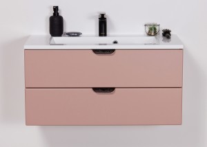 Szafka łazienkowa pudrowy róż 80cm MAGNOLIA z umywalką - czarne uchwyty