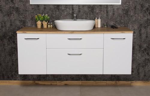Biała szafka 160 cm z blatem i białą ceramiczną umywalką