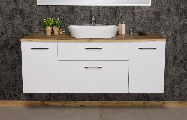 Biała szafka 160 cm z blatem i białą ceramiczną umywalką