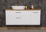 Biała podwieszana szafka z blatem dąb naturalny i białą ceramiczną umywalką