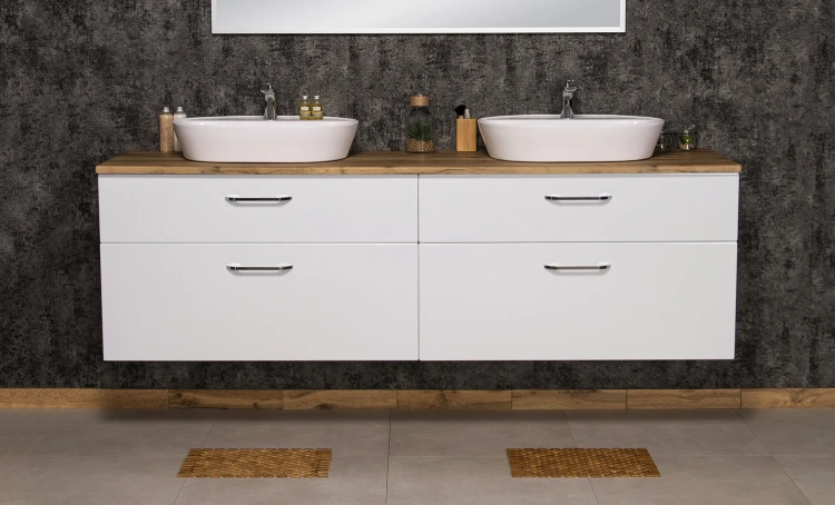 Elegancka szafka modułowa z czterema szufladami oraz blatem dąb naturalny