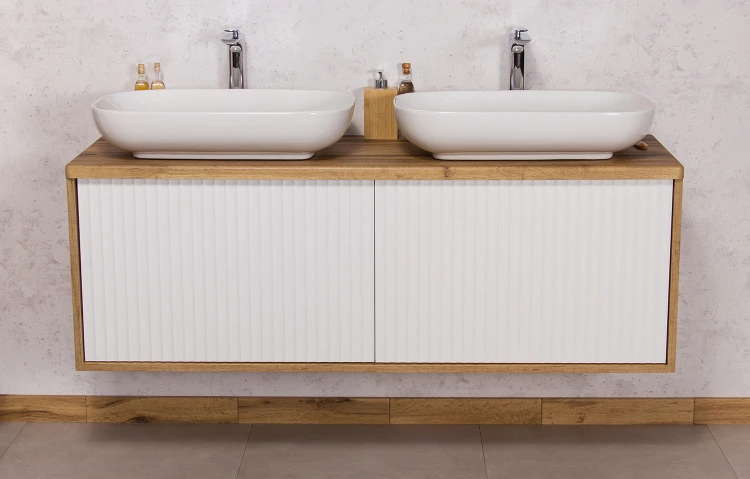 Szafka łazienkowa z dwiema nablatowymi umywalkami