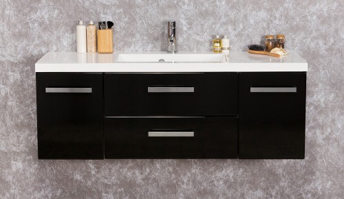 Czarna połyskowa szafka łazienkowa 120 cm z białą umywalką