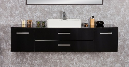 Czarna elegancka szafka łazienkowa z białą ceramiczną umywalką