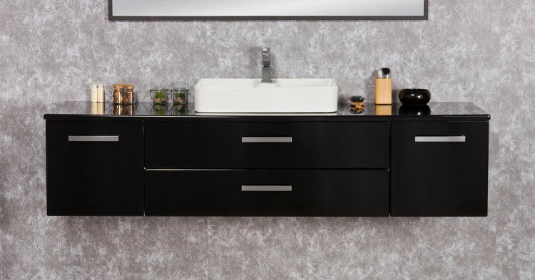 Czarna elegancka szafka łazienkowa z białą ceramiczną umywalką