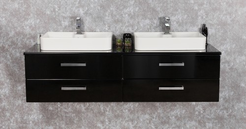 Podwieszana czarna szafka łazienkowa 160 cm z dwiema ceramicznymi umywalkami