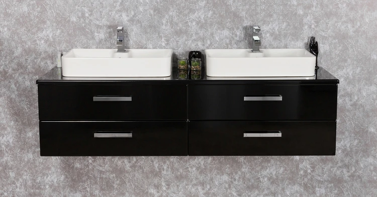 Podwieszana czarna szafka łazienkowa 160 cm z dwiema ceramicznymi umywalkami