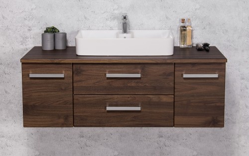 Brązowa szafka łazienkowa z białą ceramiczną umywalką seria Fokus New
