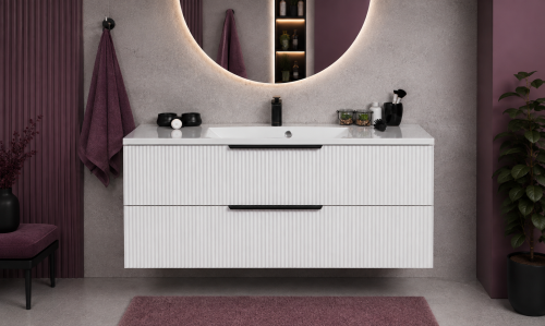 Elegancka biała matowa szafka łazienkowa 120 cm z dwiema szufladami
