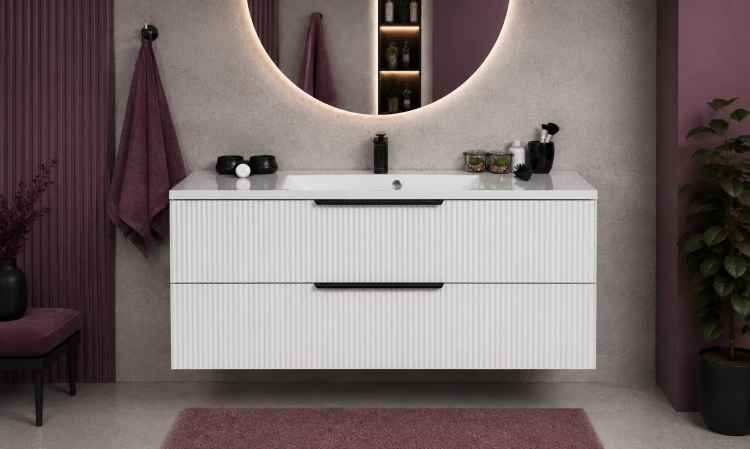 Elegancka biała matowa szafka łazienkowa 120 cm z dwiema szufladami
