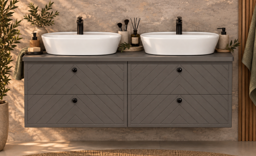 Elegancka szara szafka łazienkowa z dwiema ceramicznymi umywalkami