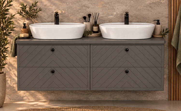 Elegancka szara szafka łazienkowa z dwiema ceramicznymi umywalkami