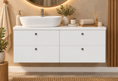 Nowoczesna, biała szafka 120 cm z ceramiczną umywalką