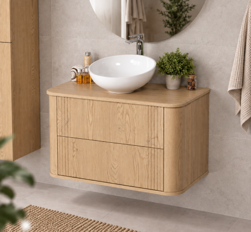 Minimalistyczna łazienka z okrągłym lustrem oraz szafką 80 cm