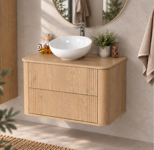Minimalistyczna łazienka z okrągłym lustrem oraz szafką 80 cm